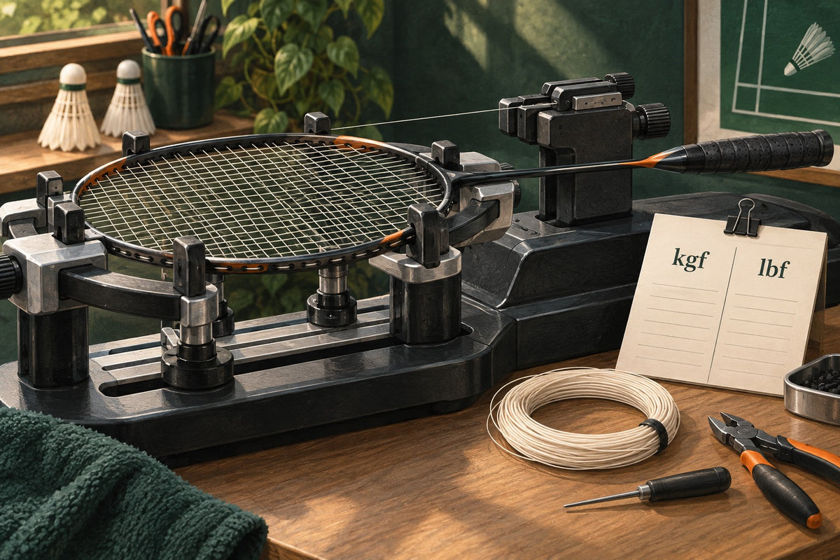 A stringing machine and job card introduce the distinction between kgf and lbf force settings.