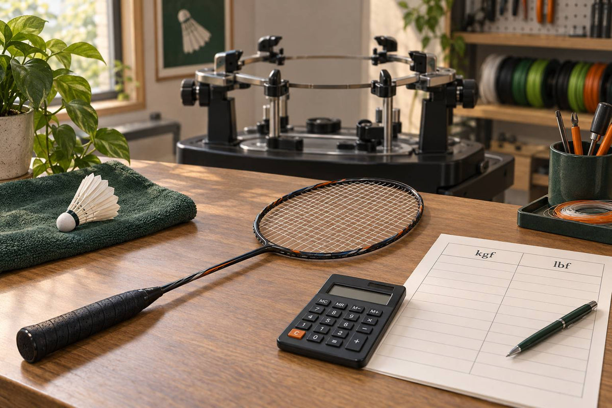 A racket and job record frame the conversion between kilogram-force and pound-force reference settings.
