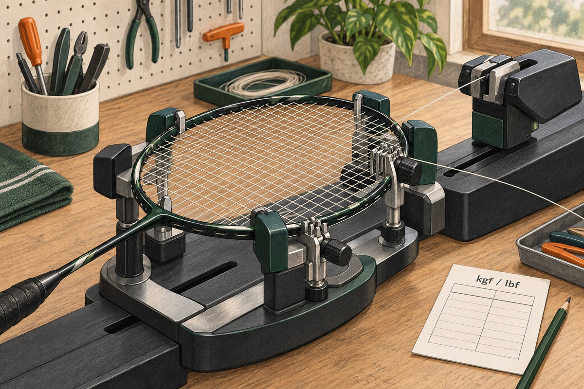 A stringing setup highlights the two force units used when recording racket tension