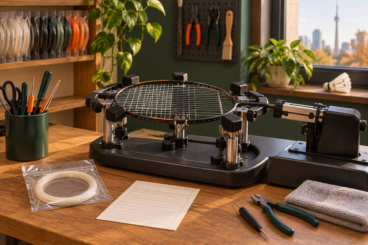A restring quote combines the chosen string, the work and any extra service charges.