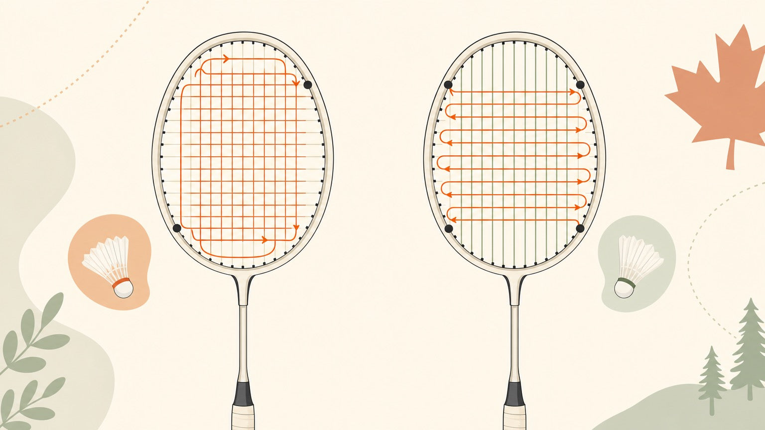 Two badminton rackets illustrating continuous two-knot stringing versus separate four-knot stringing