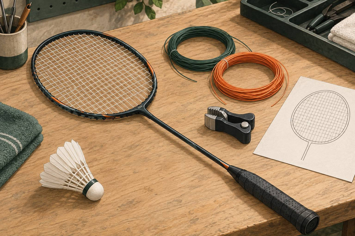 Editorial stringing-bench still life with a racket, two coils and a blank pattern sheet.
