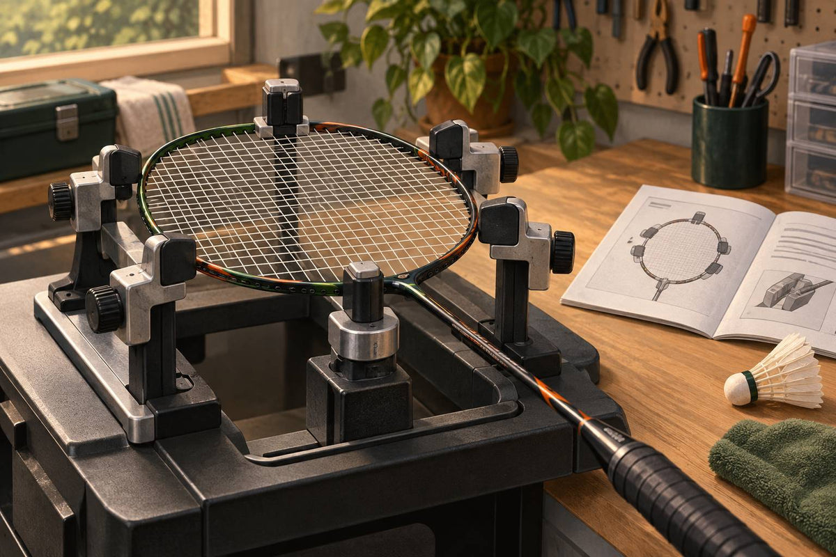 A mounted badminton racket shows the frame-support contacts a customer can ask a trained stringer to explain.