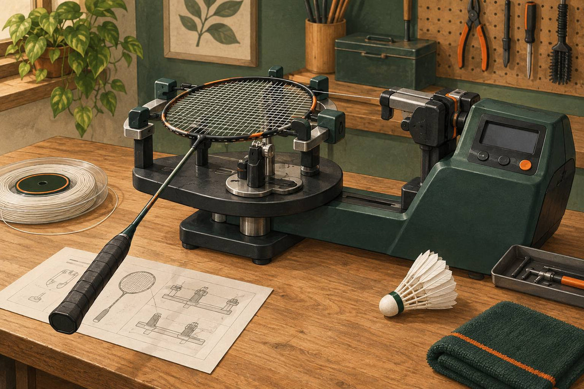 Editorial illustration of a generic badminton stringing station with a mounted racket, clamps and instruction sheet.