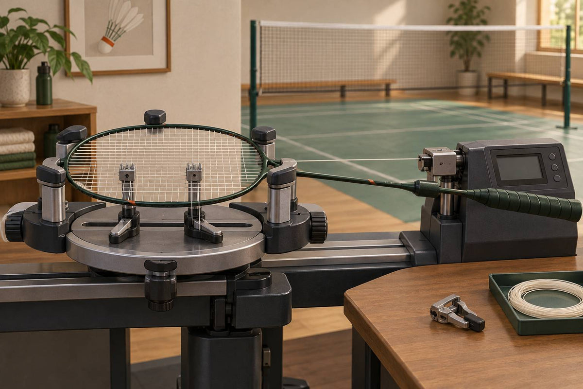A badminton frame rests on correctly sized supports while clamps and the tension head control the string during a restring.