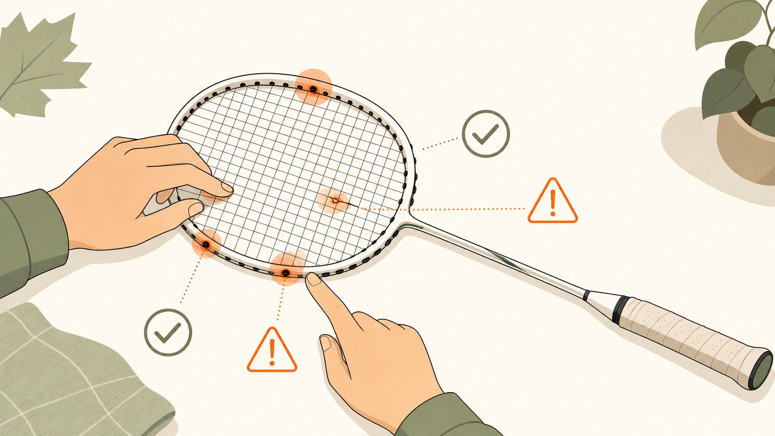 Flat vector illustration of a badminton racket string bed being inspected after a restring