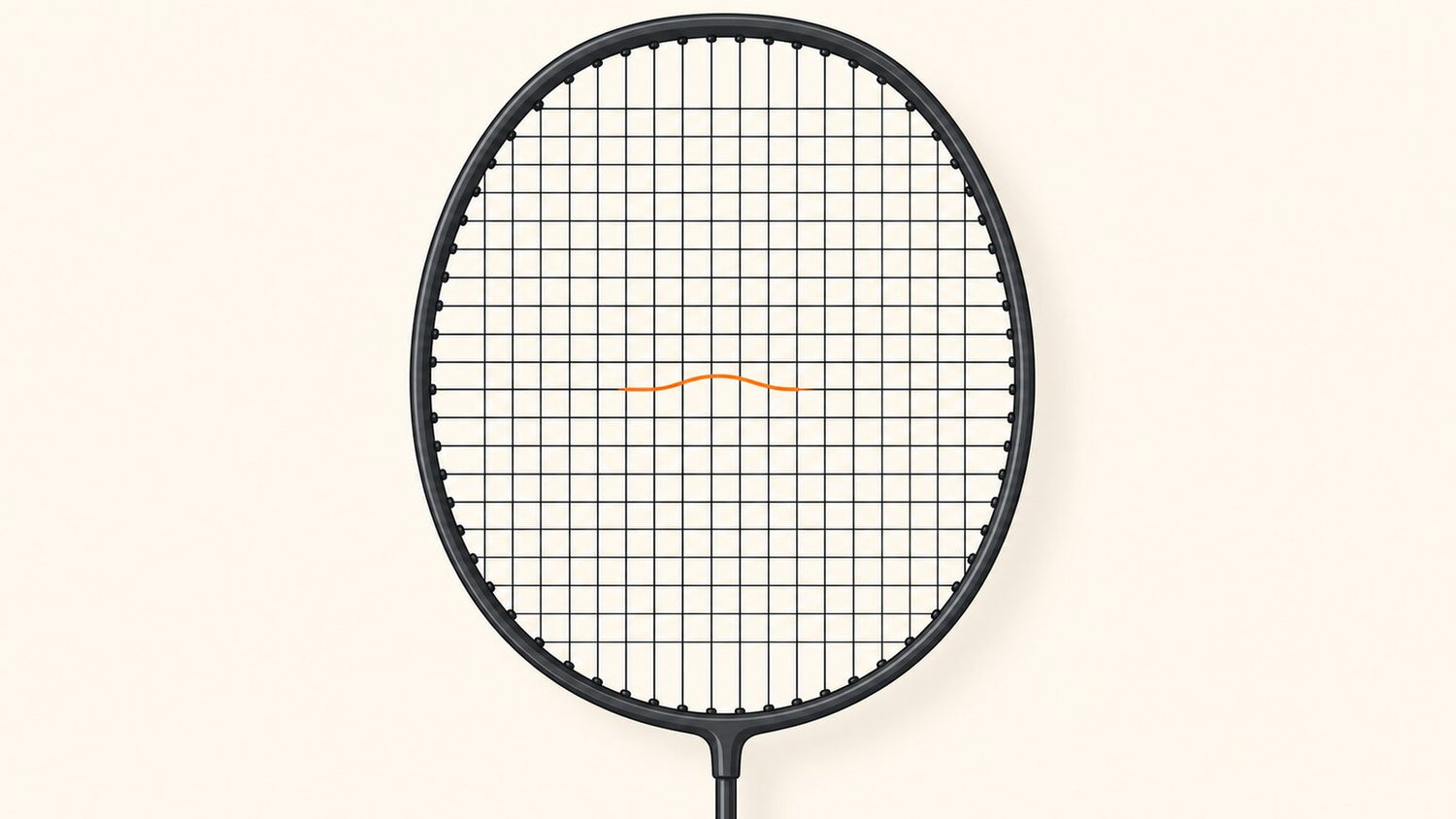 Complete badminton racket head with a dense straight stringbed and one visibly displaced wavy cross string near the centre
