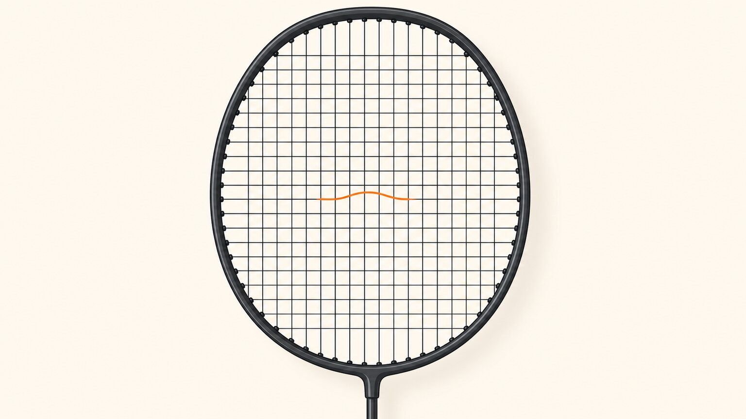Complete badminton racket head with a dense straight stringbed and one visibly displaced wavy cross string near the centre