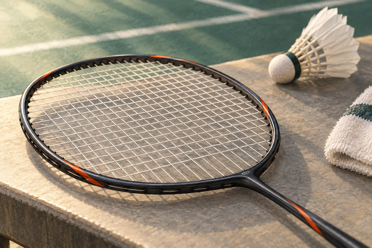A close-up of a racket’s string bed introduces how freshly installed strings settle over time.