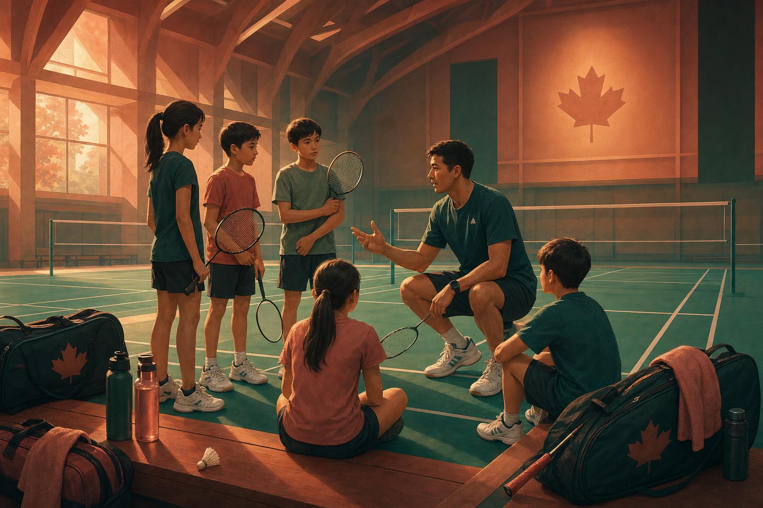 Junior badminton players practicing at a Canadian summer camp with a parent and camp gear nearby