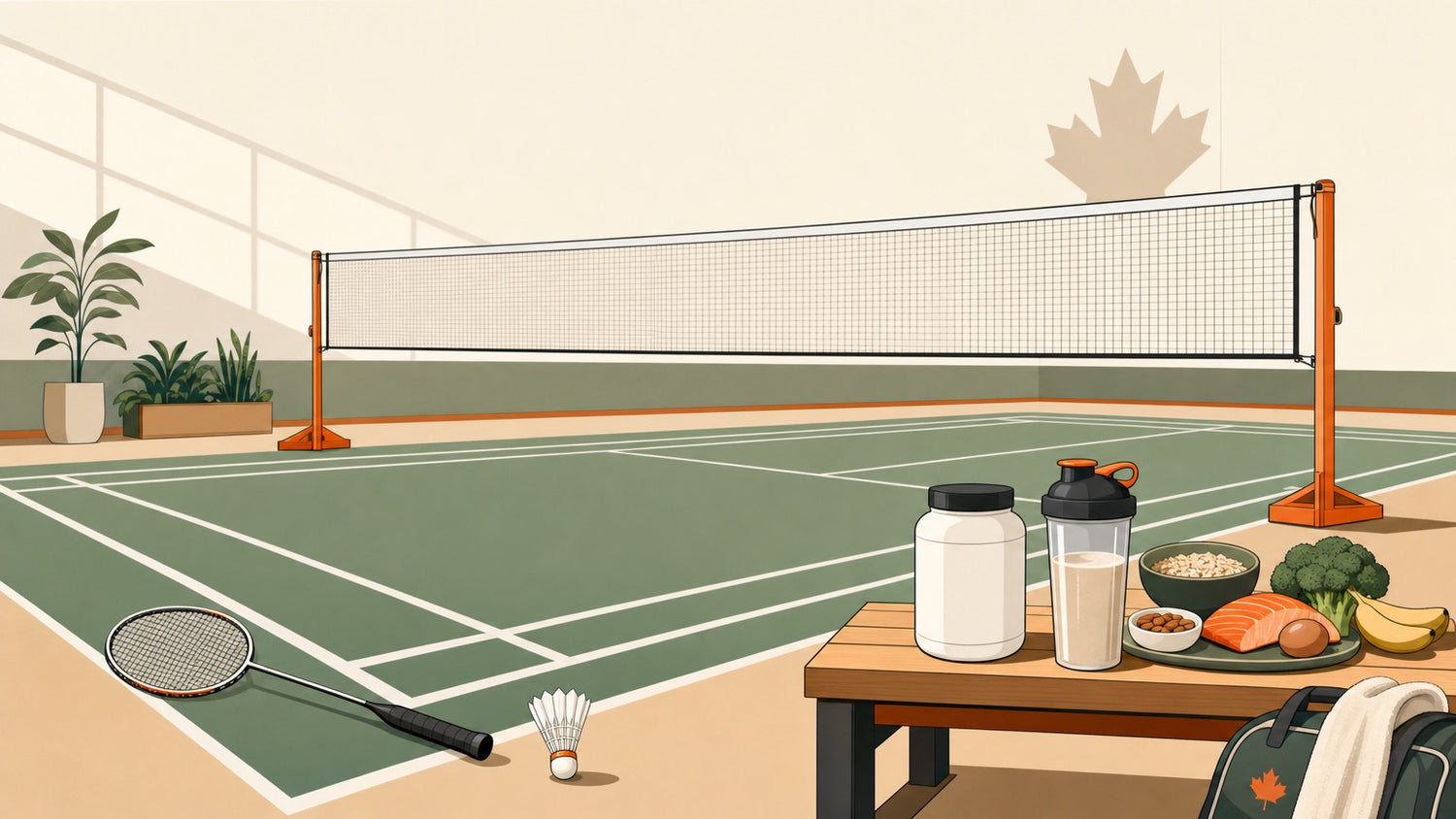 Badminton court with racket, shuttlecock, whole foods, and unlabelled supplement items