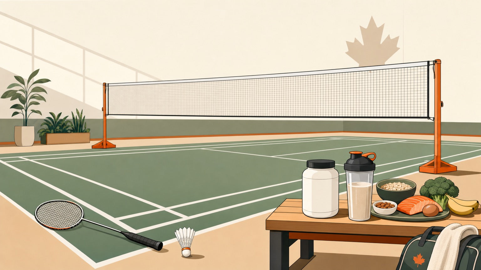 Badminton court with racket, shuttlecock, whole foods, and unlabelled supplement items