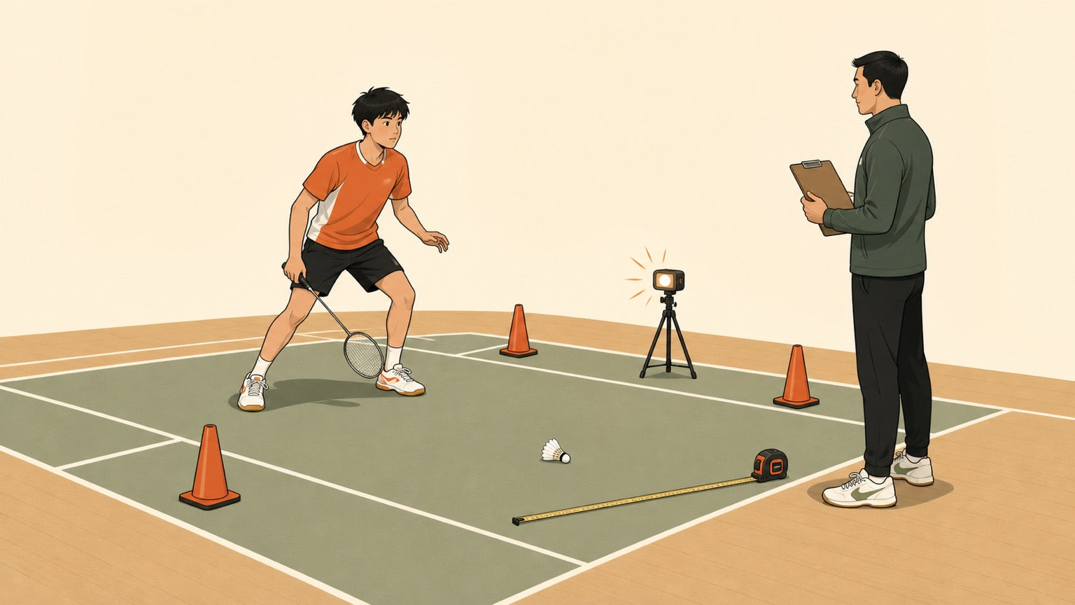 A coach testing a young badminton player with agility cones, a reaction light, and measuring tools on a badminton court