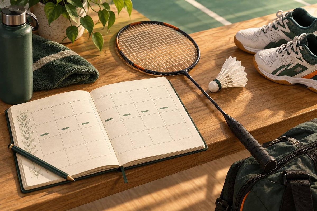 A lighter final training plan keeps familiar badminton equipment and event preparation in view.