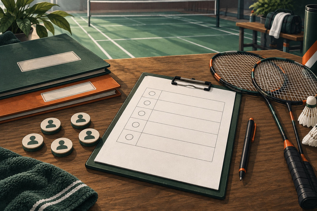 Editorial illustration of a badminton team roster and competition documents.