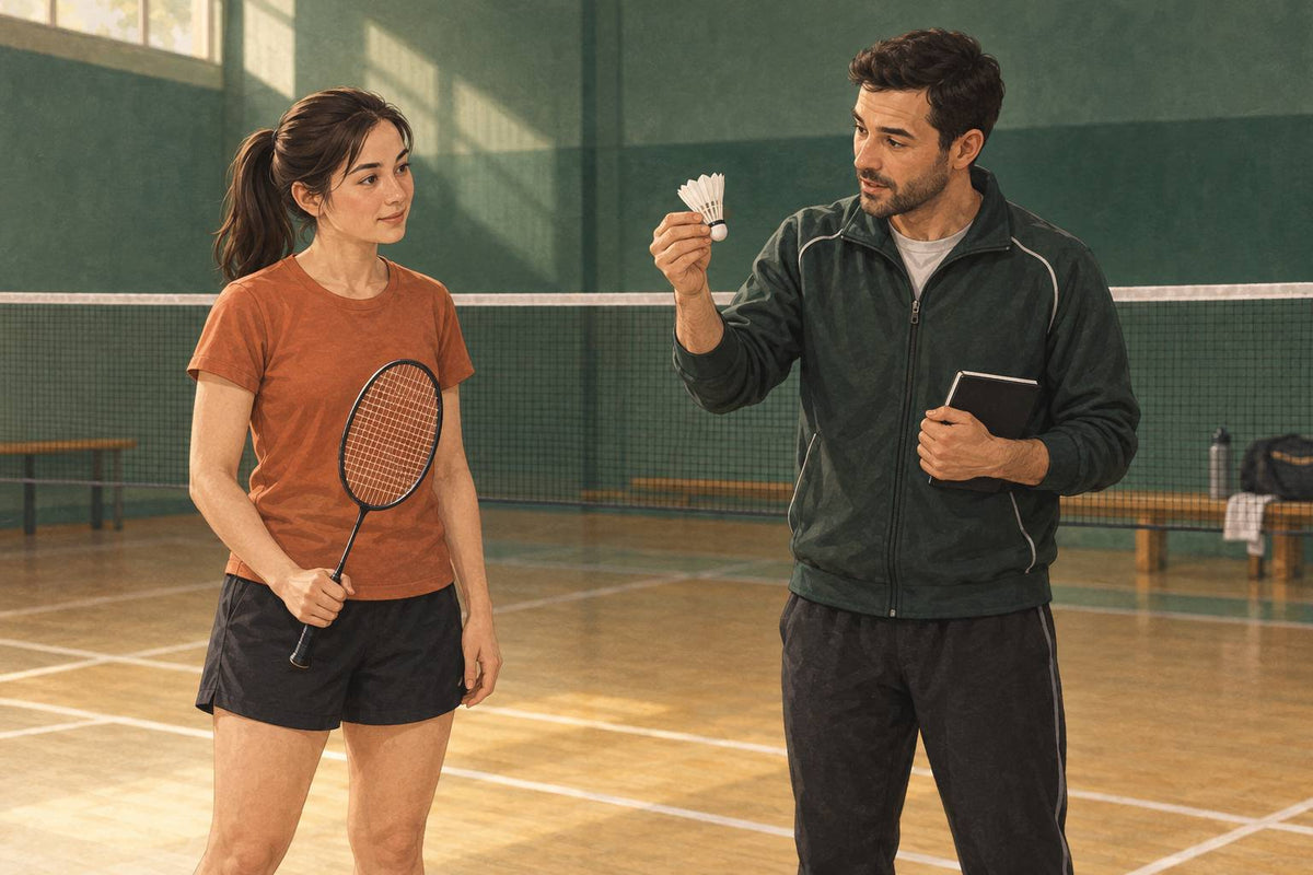 A beginner learns the names of the racket, shuttle and net before starting a rally.