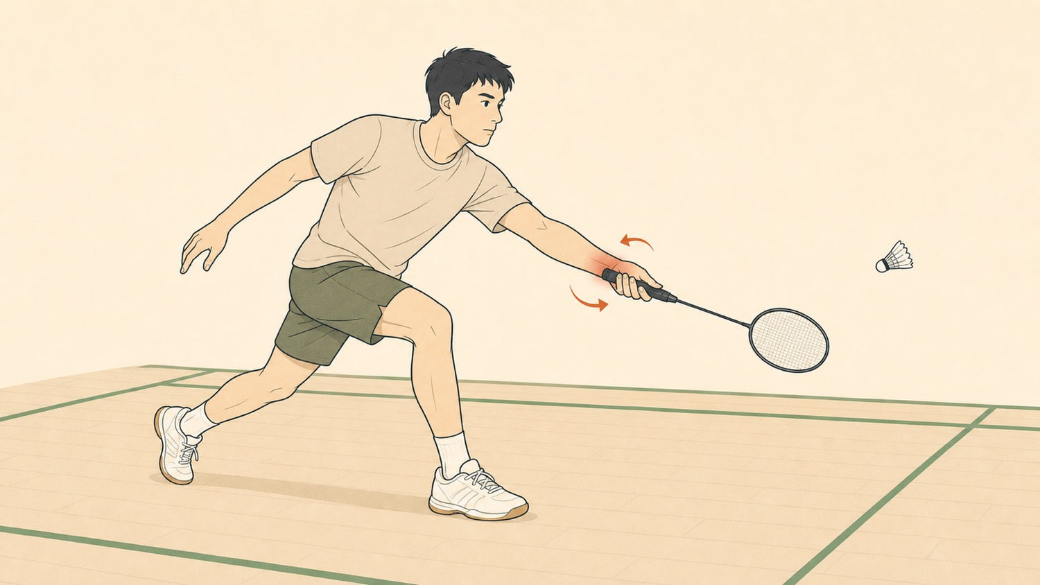 Badminton player with the little-finger side of the racket wrist highlighted to show ulnar wrist pain