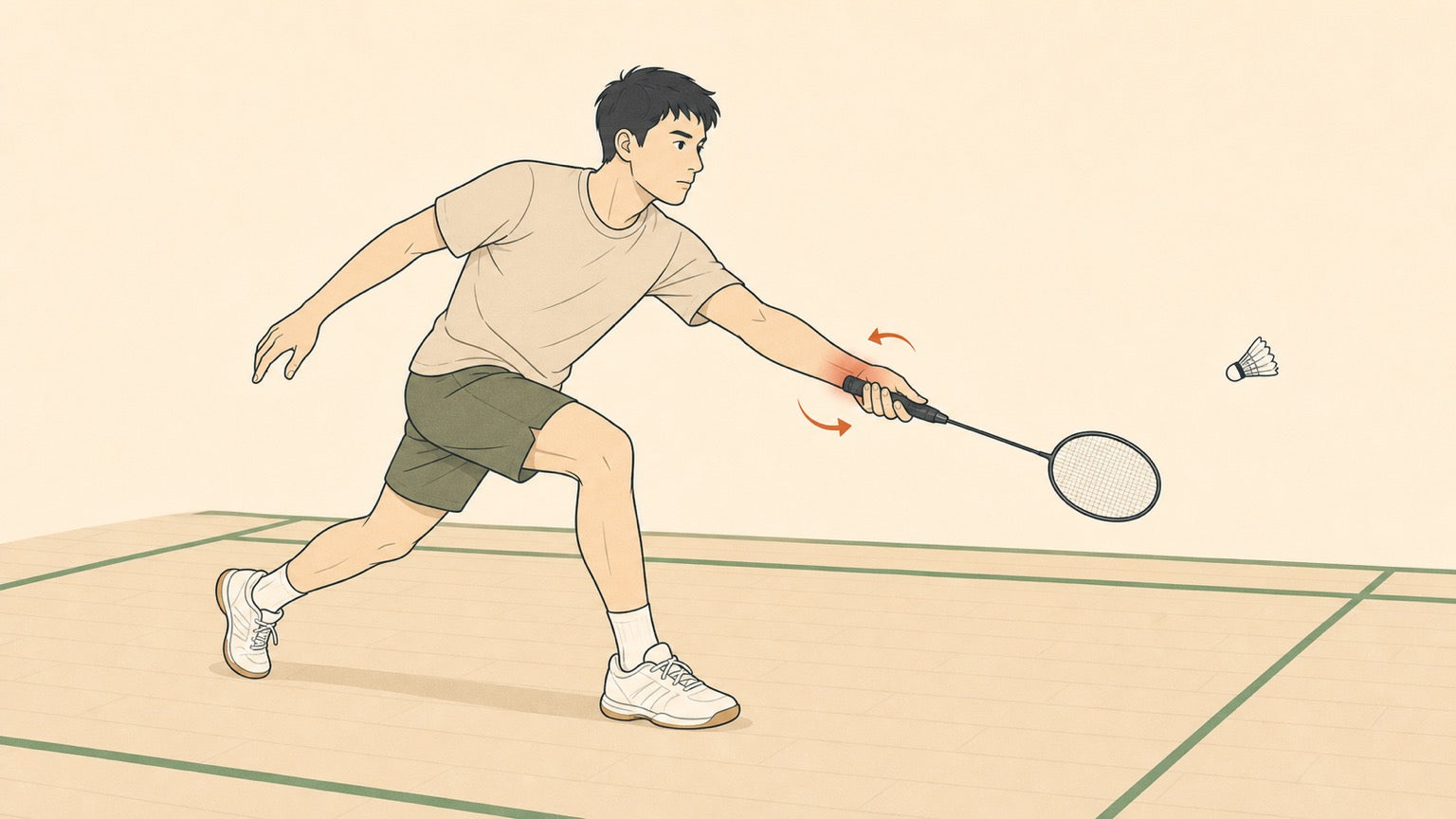 Badminton player with the little-finger side of the racket wrist highlighted to show ulnar wrist pain