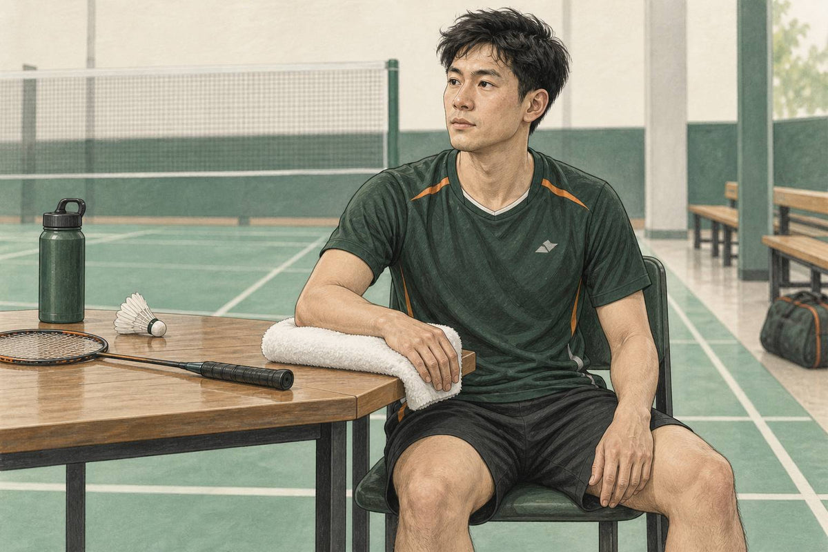 Editorial illustration of a seated player with the right forearm supported beside a racket.