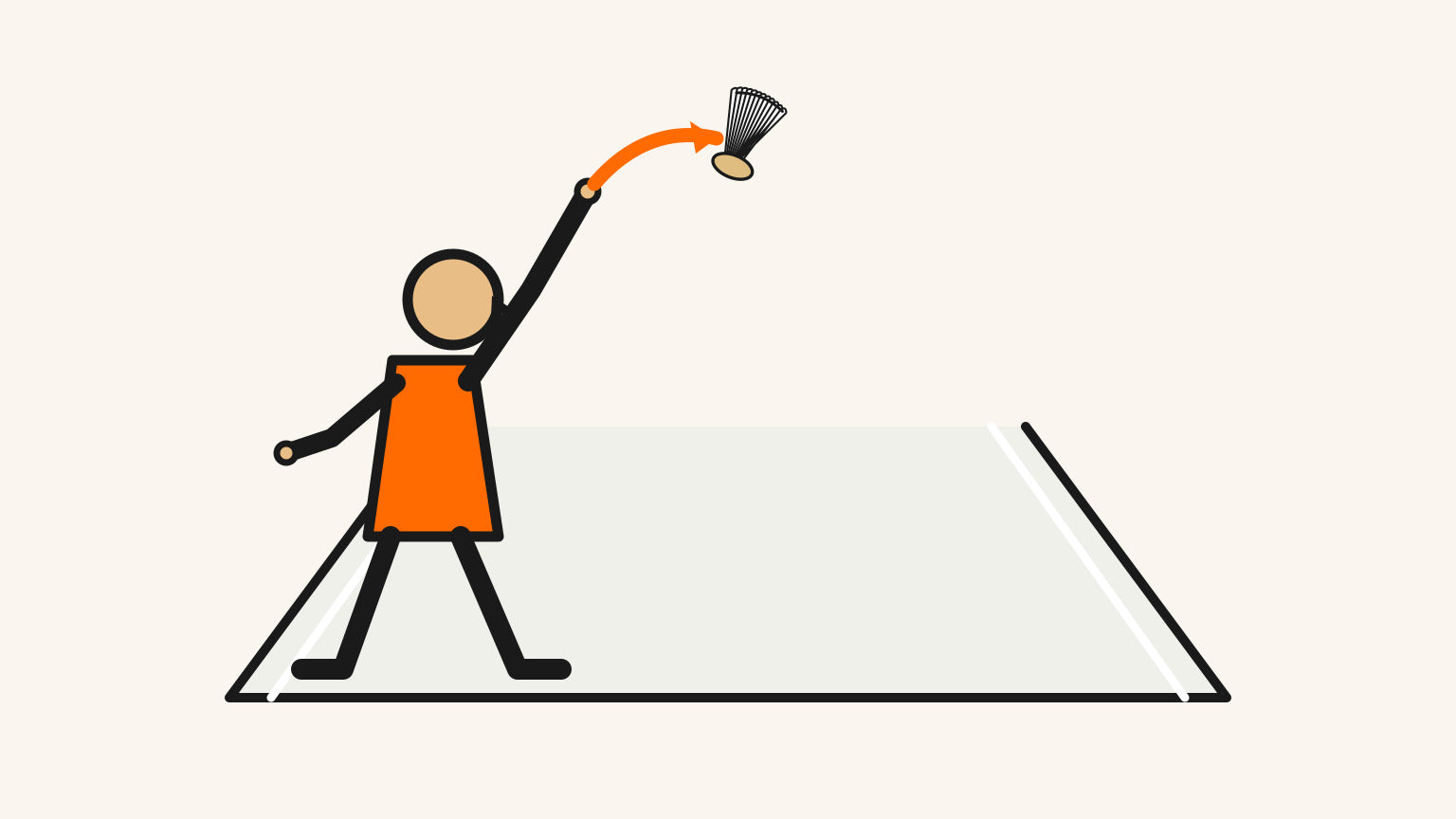 Une personne adopte une position d’observation au-dessus de la tête, sans raquette, le long d’un couloir de terrain de badminton intérieur.