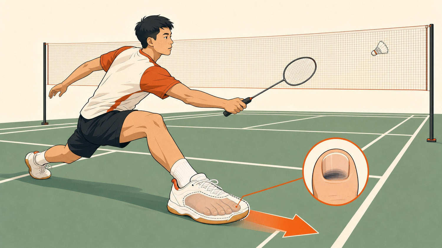 Badminton player lunging with a highlighted toe box showing how forward foot slide can cause a black toenail