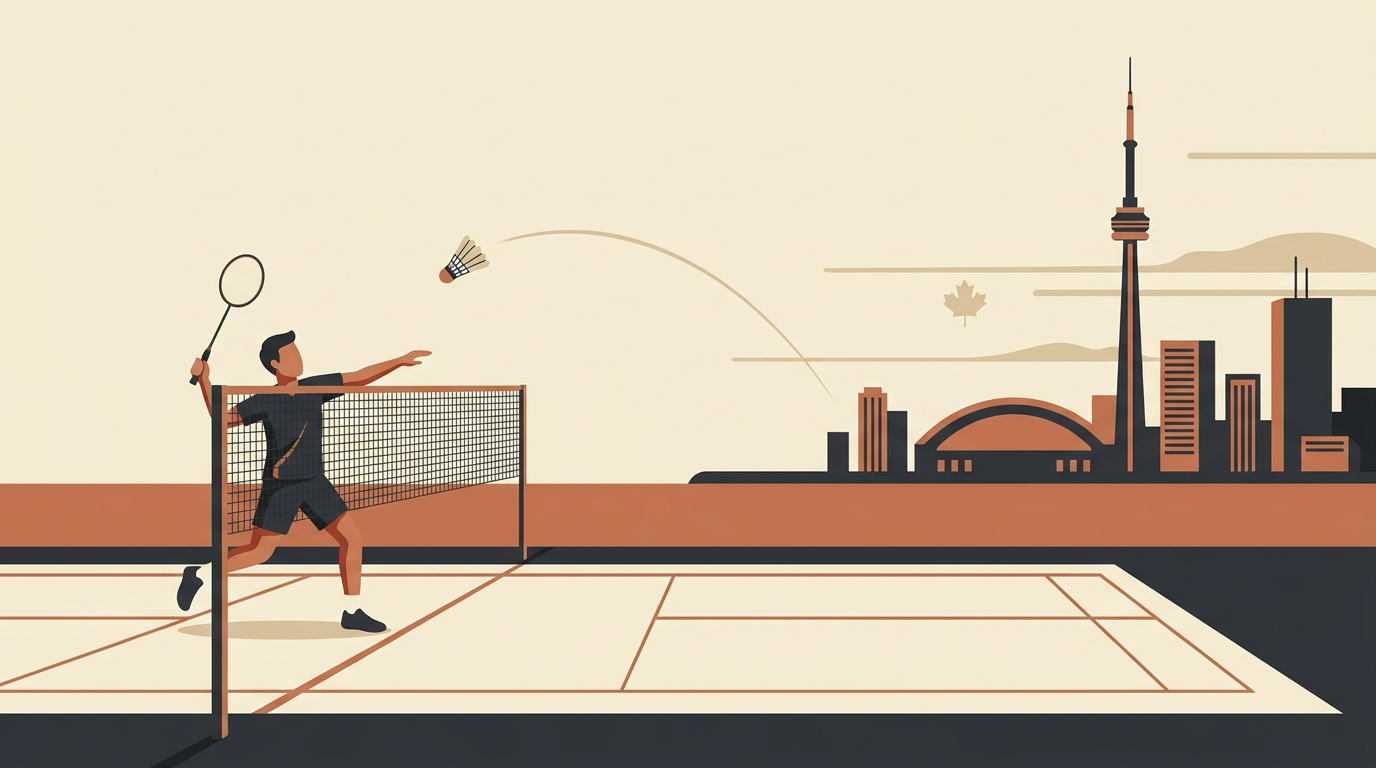 Flat-vector illustration of indoor badminton play in Toronto, in Badminton House's cream and orange editorial style