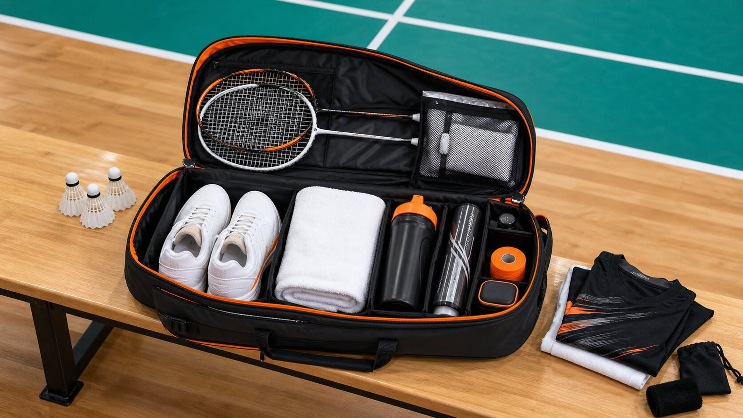 Badminton tournament bag packed with racket, shoes, shuttlecocks, towel, water bottle, and grips.