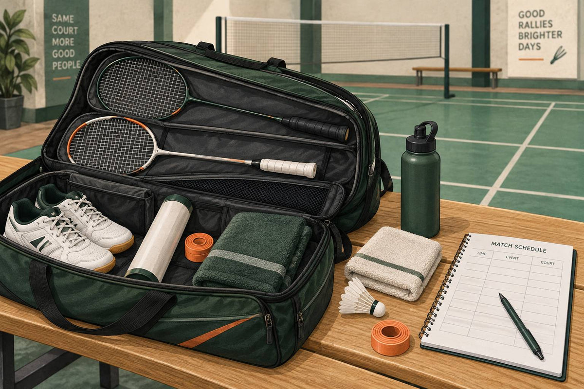Editorial tournament badminton bag with organized spare equipment.