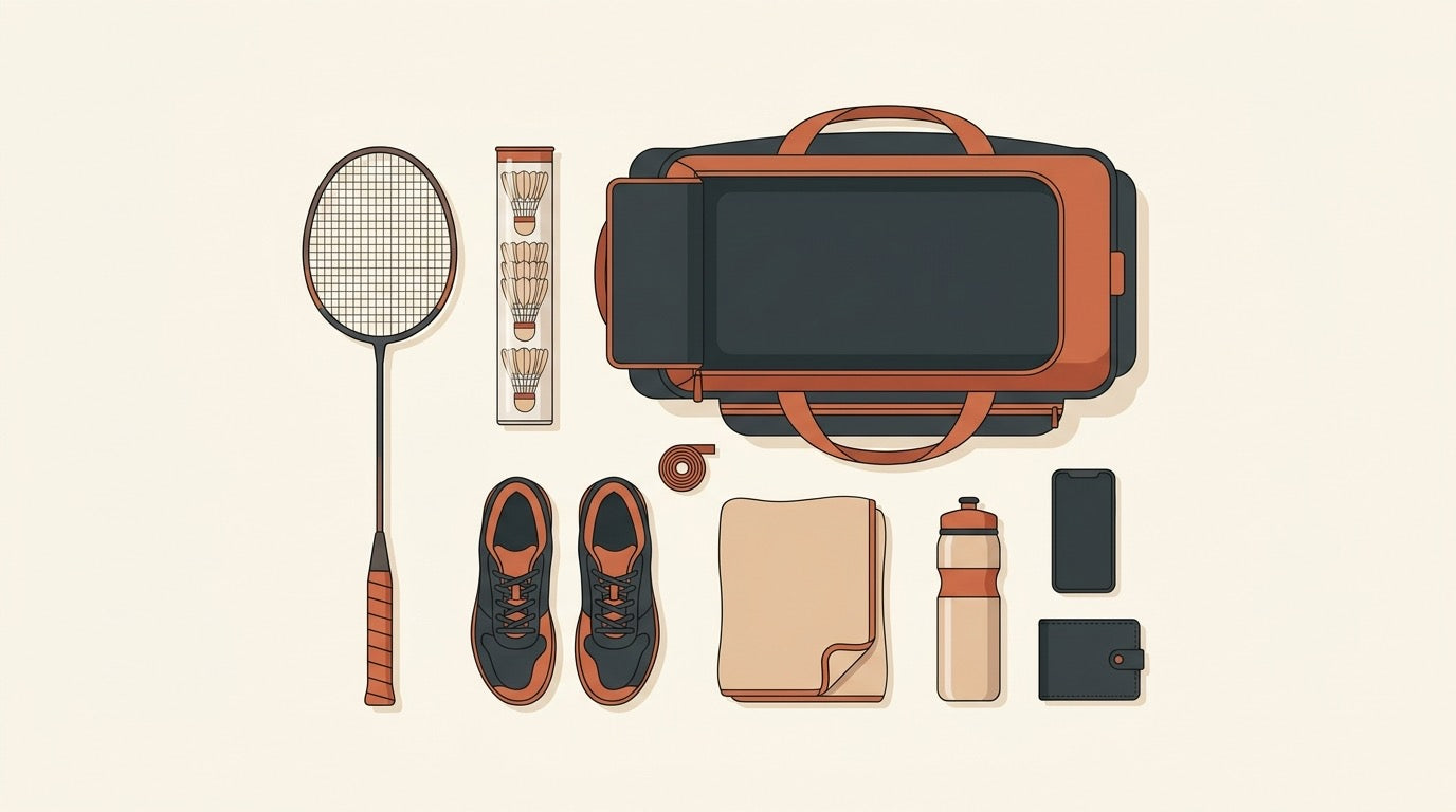Badminton tournament bag packed with racket, shoes, shuttlecocks, towel, water bottle, and grips.