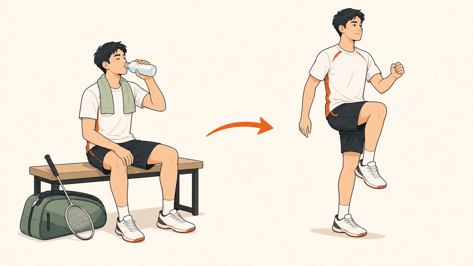 Two-stage flat vector scene showing a badminton player seated with water and a cooling towel, then gently re-warming.