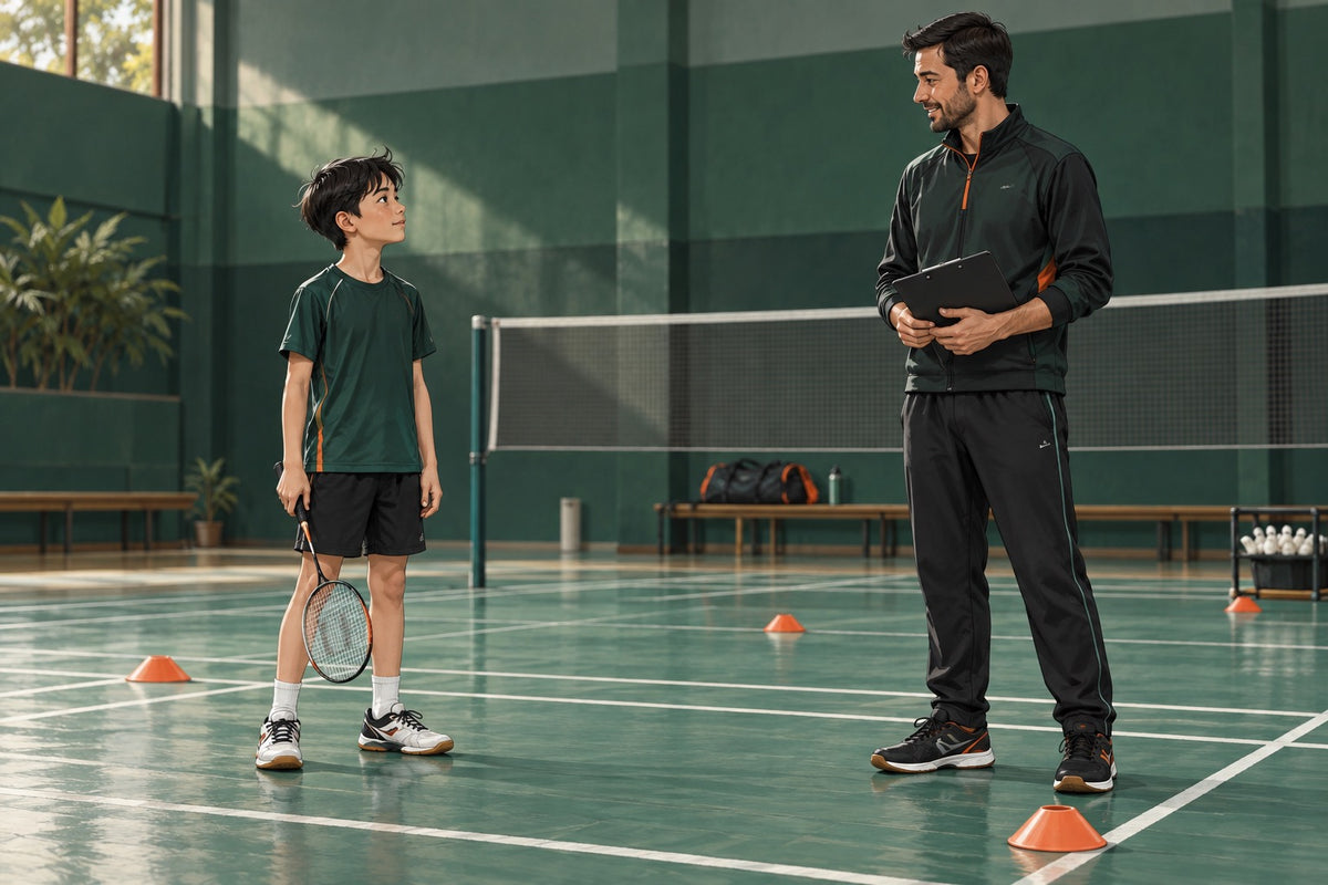 Editorial illustration of an individual junior badminton coaching session.