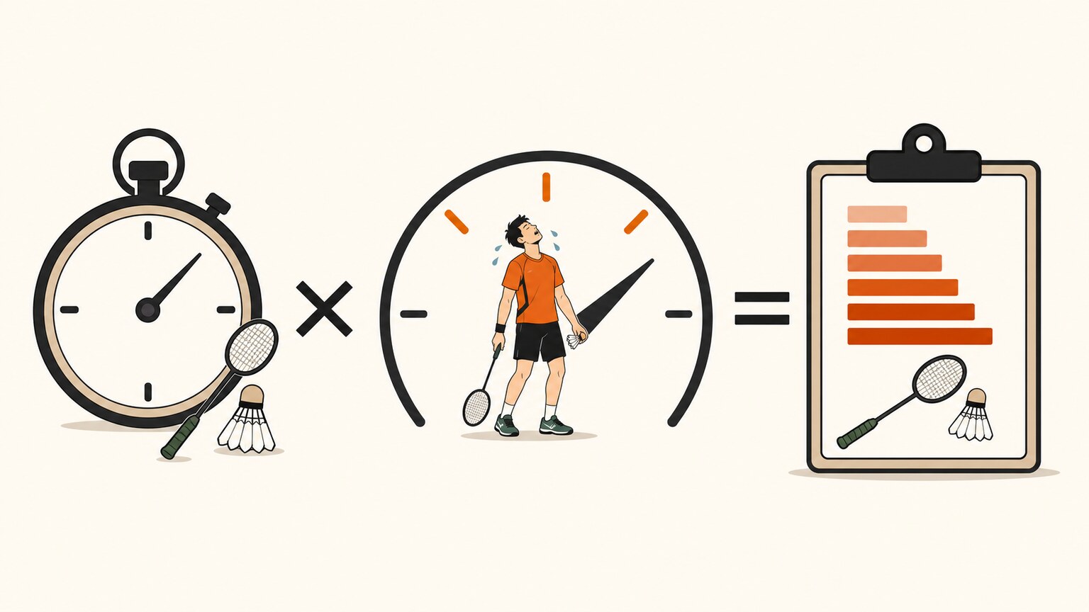 Visual equation showing session duration multiplied by perceived effort to produce a badminton training-load record.