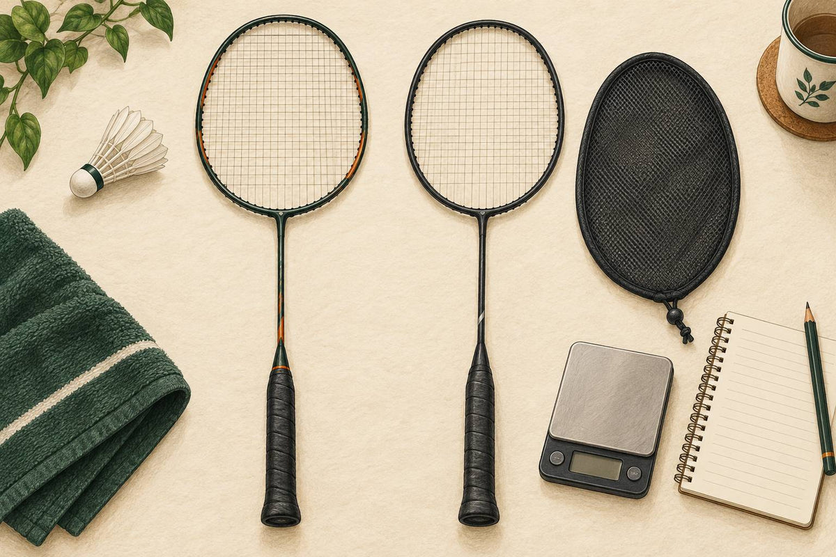 Editorial still life of generic playing and training rackets with a separate mesh head cover, scale and notebook.