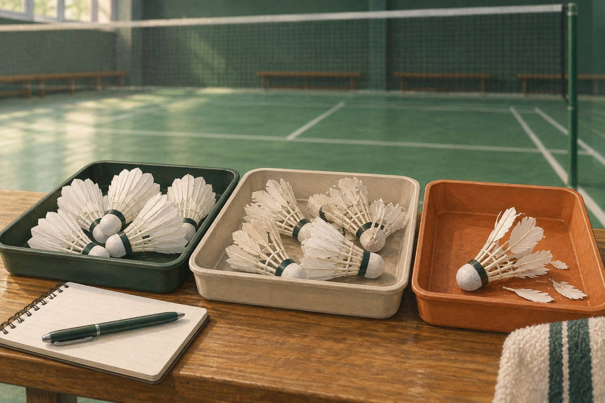 Separate trays keep match-flight shuttles, controlled-practice shuttles and retired shuttles easy to track.