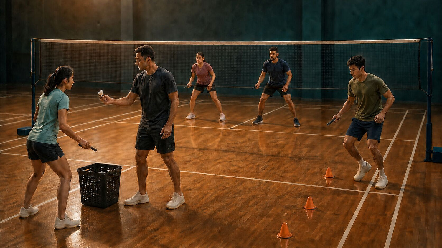 Personne entraîneuse adulte tenant un volant pendant que quatre joueurs et joueuses pratiquent l’alimentation, les déplacements et les exercices d’échange sur un terrain intérieur