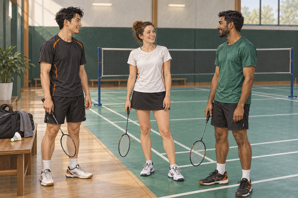 Three teammates discuss their starting positions for an informal indoor triples game.