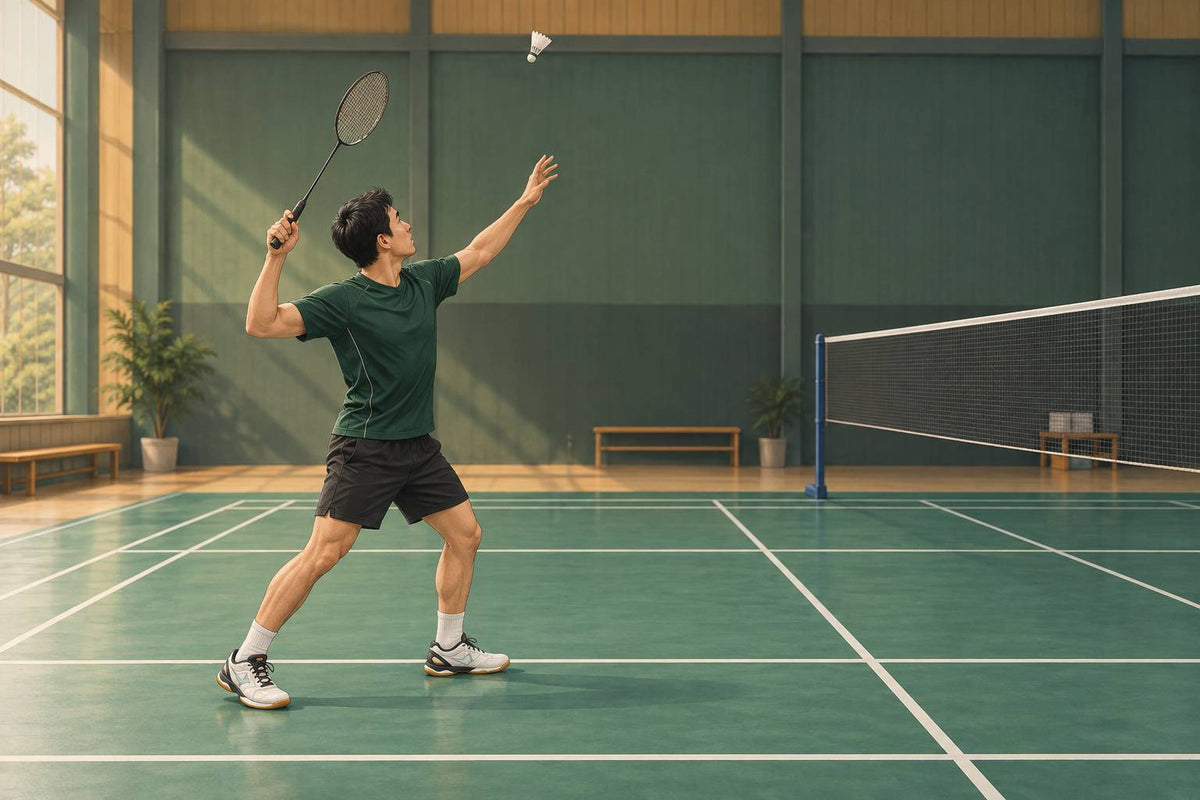 Side-on preparation gives the overhead clear a visible body-sequencing question before contact.