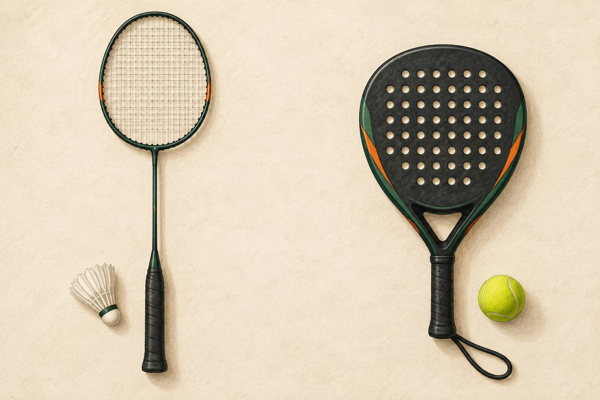 Editorial comparison of badminton racket and shuttle on the left and padel racket and ball on the right.