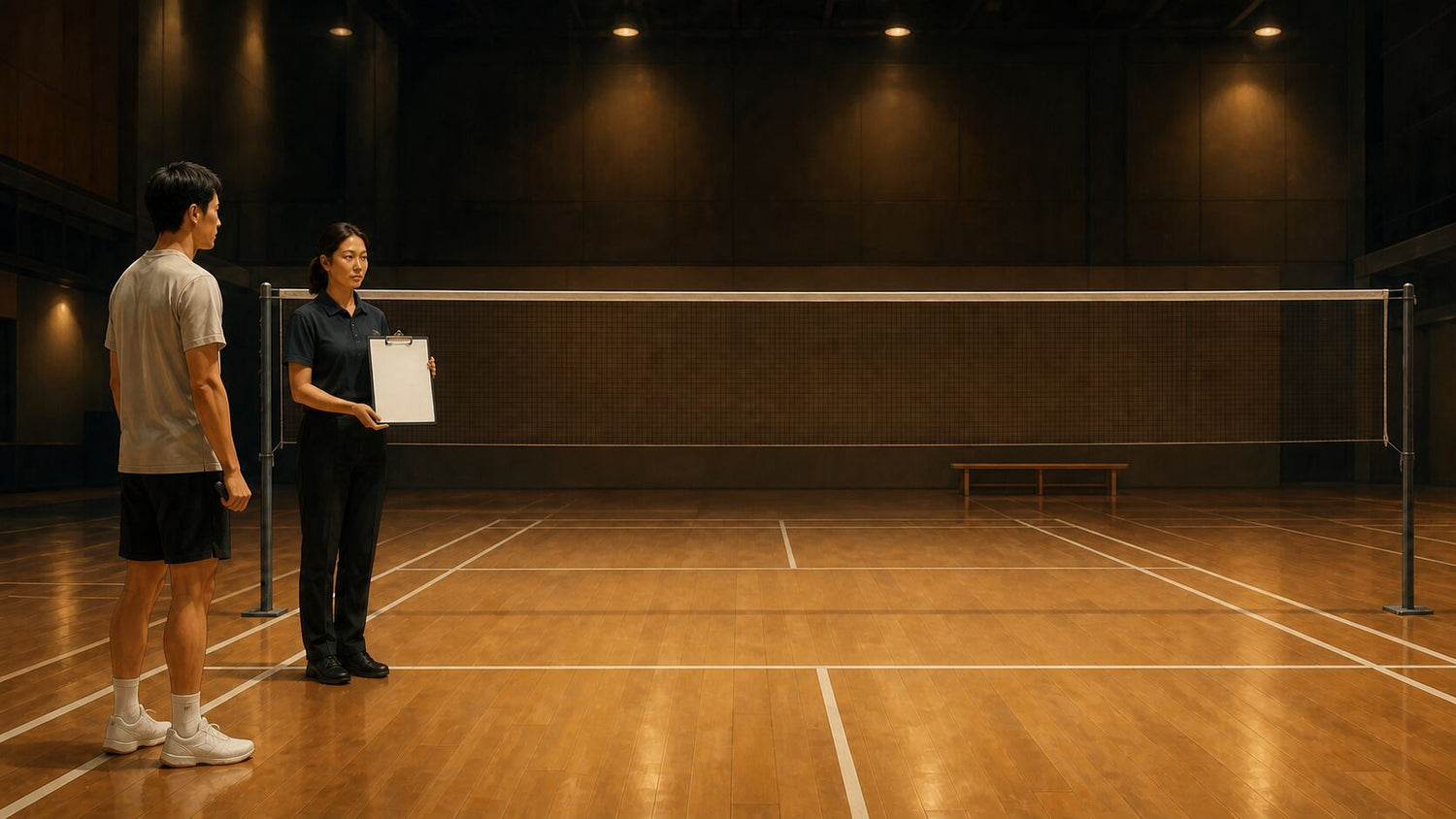 Personne qui joue au badminton et officiel de tournoi avec un porte-papier vierge à côté du terrain vide de l’adversaire.