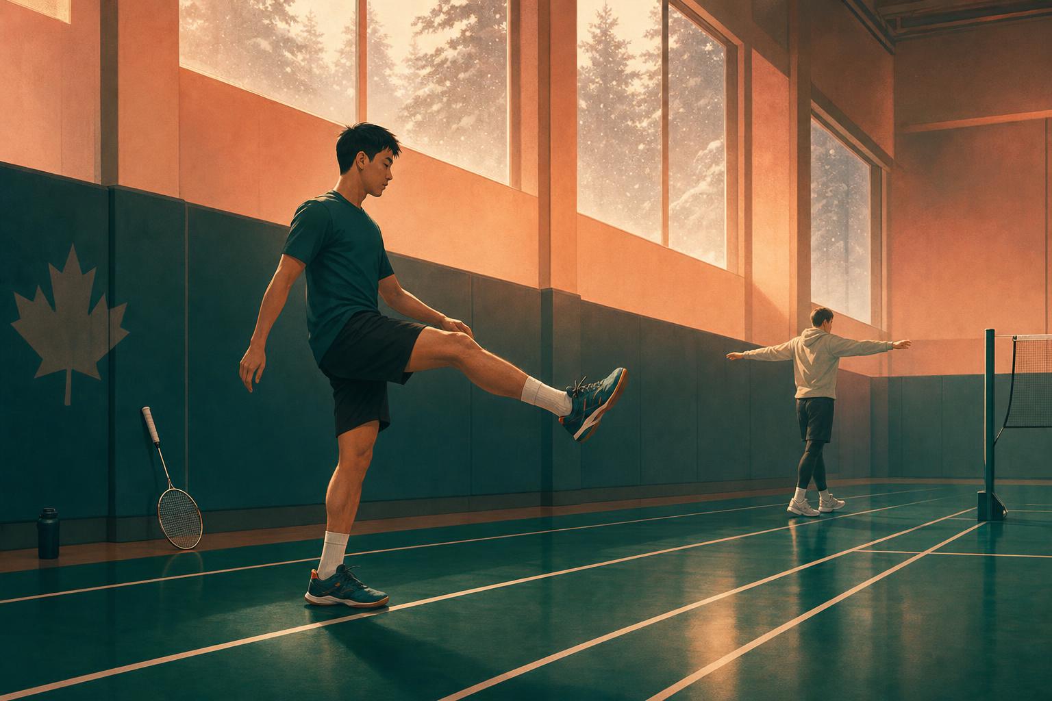 Two badminton players warming up court-side in a cold Canadian indoor gym
