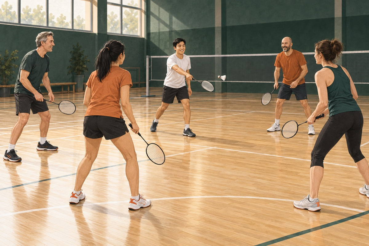Editorial illustration of a badminton warm-up circle with players spaced safely for gentle racket contacts.