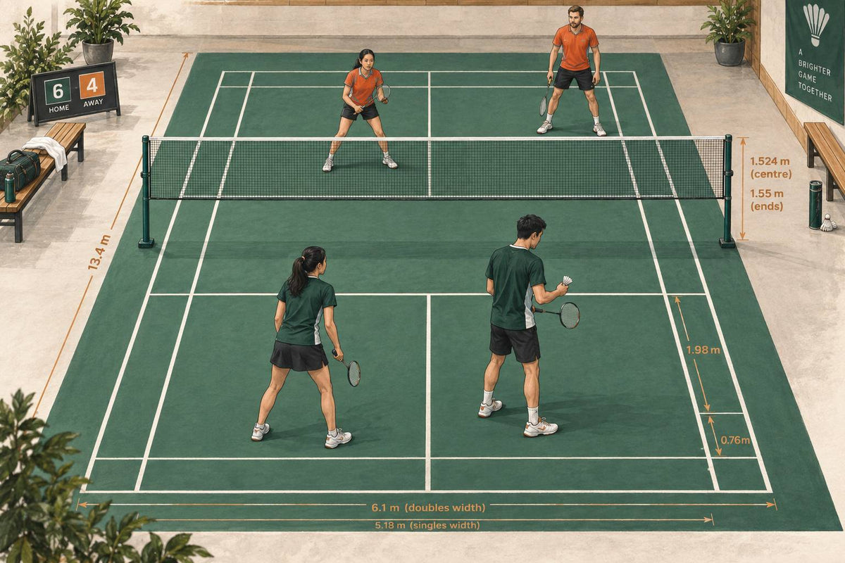 Illustration éditoriale d’un rétablissement du service en double à 6–4, avec serveur et receveur diagonalement opposés.