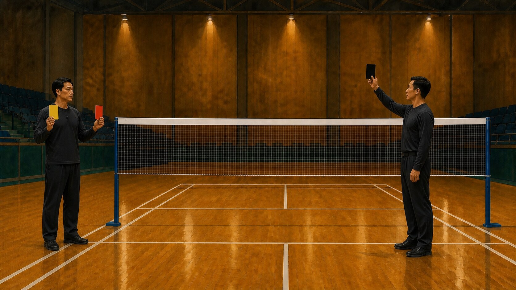 Illustration éditoriale de deux officiels de badminton sur un terrain intérieur, l’un tenant des cartons jaune et rouge vierges et l’autre un carton noir vierge.