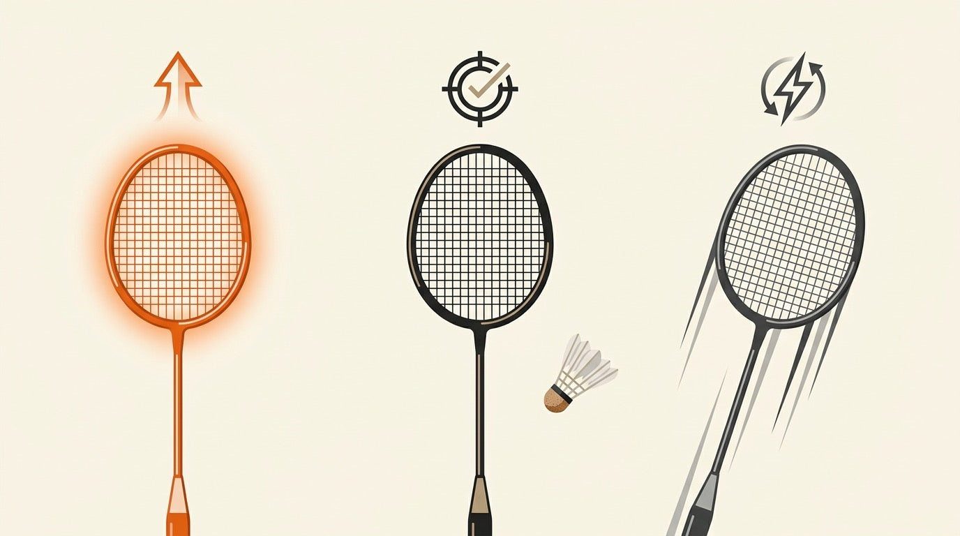 Three Yonex-style badminton rackets representing power, control, and speed on an indoor court.