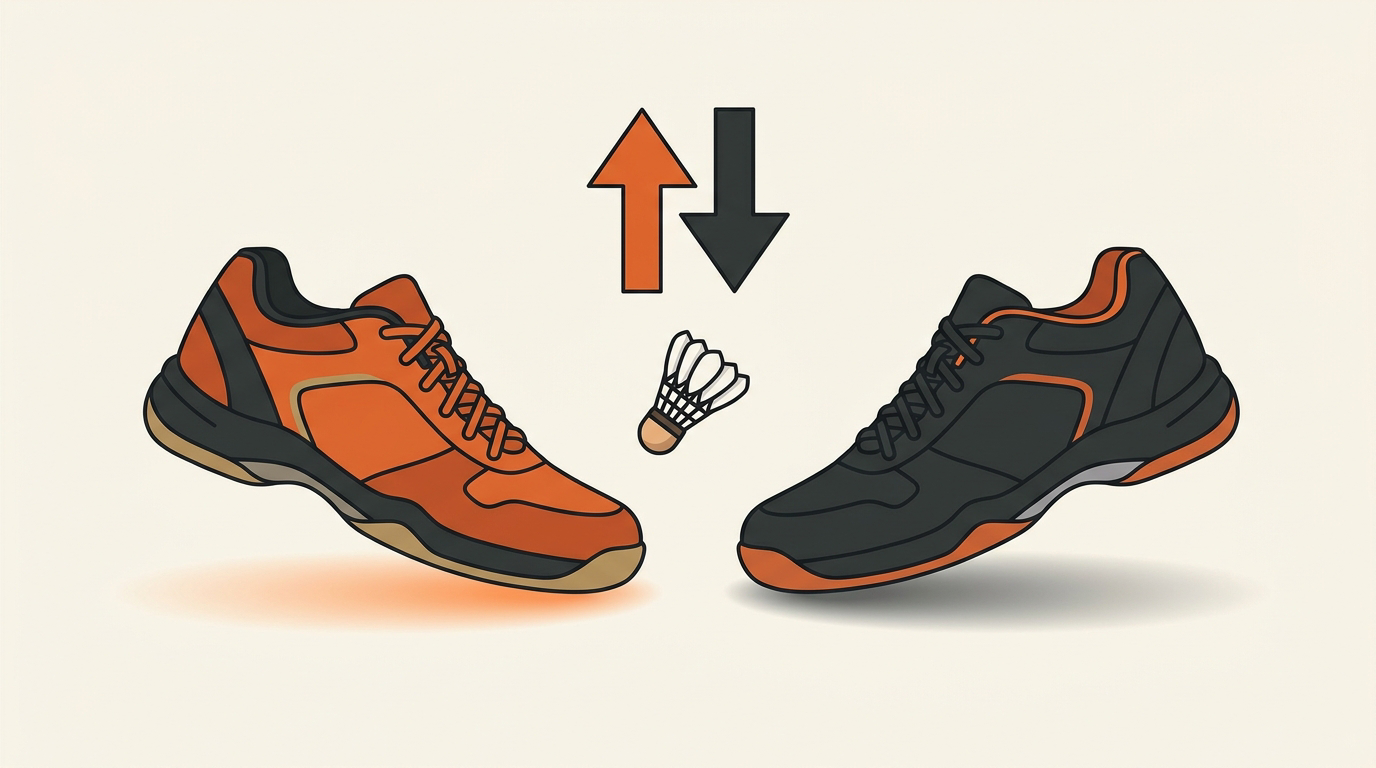 Yonex and Victor badminton shoes side by side on an indoor court surface.