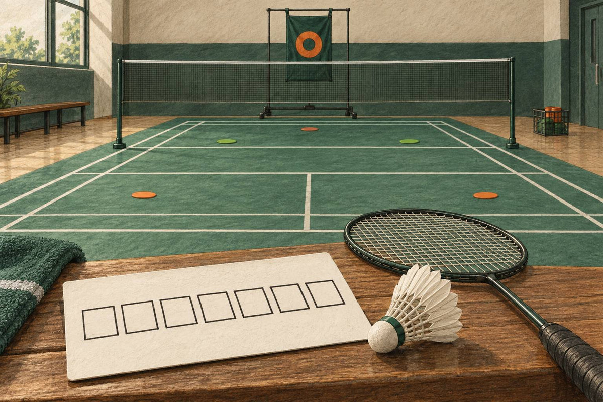 Editorial illustration of a seven-box capture sheet with badminton equipment and a soft target on an empty court.