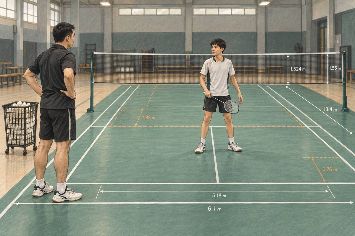 Editorial illustration of a coach and young player preparing a badminton drill.