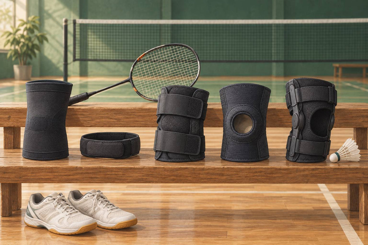 Différents modèles de genouillères peuvent être comparés avec les chaussures et l’équipement utilisés pour le badminton.