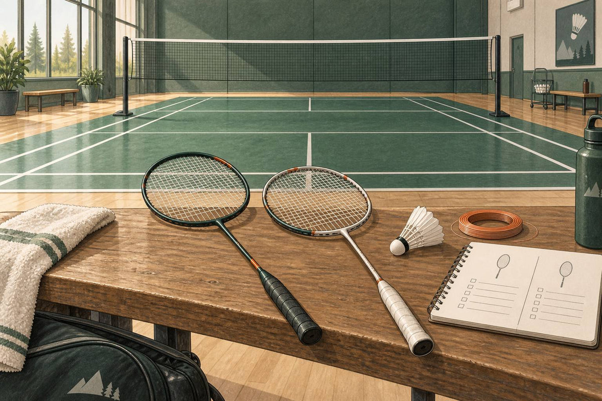 Editorial intermediate-racket comparison setup.