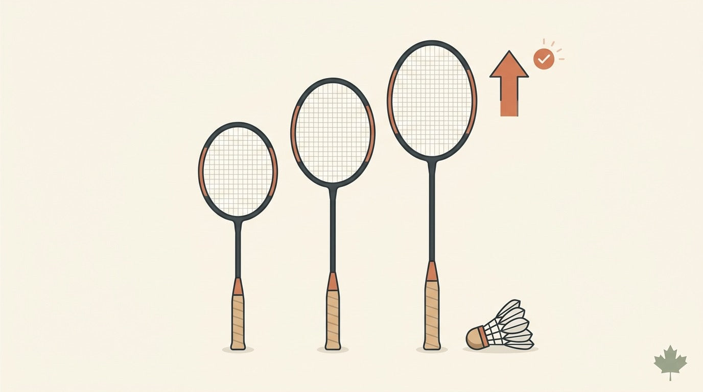 Parent helping a young badminton player compare junior racket sizes on an indoor Canadian badminton court